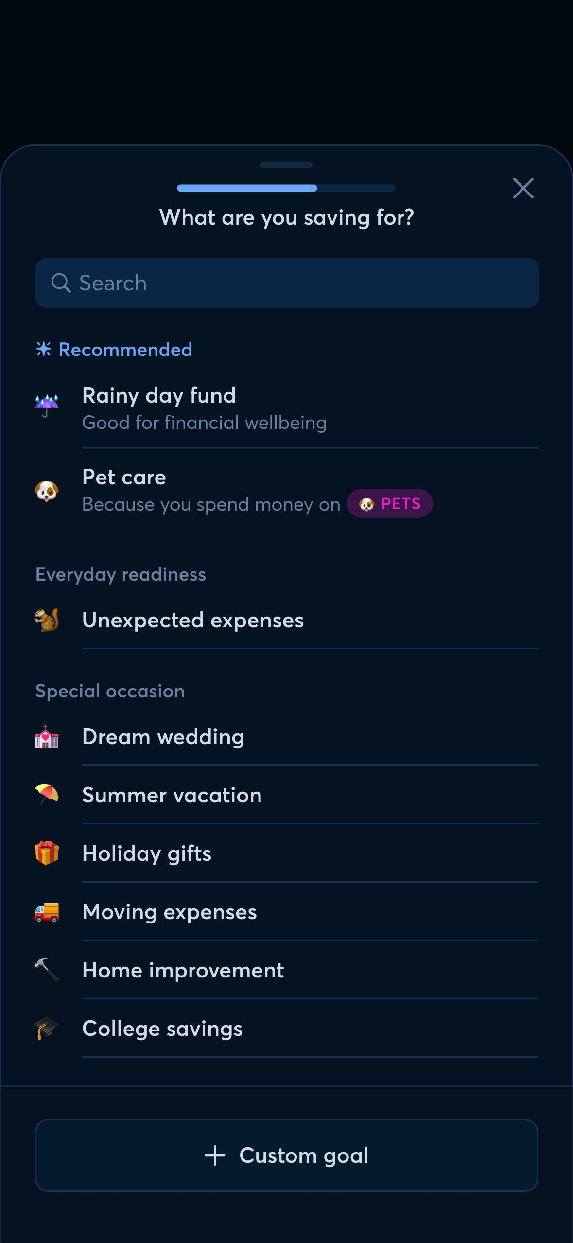 A screenshot of the Goals feature